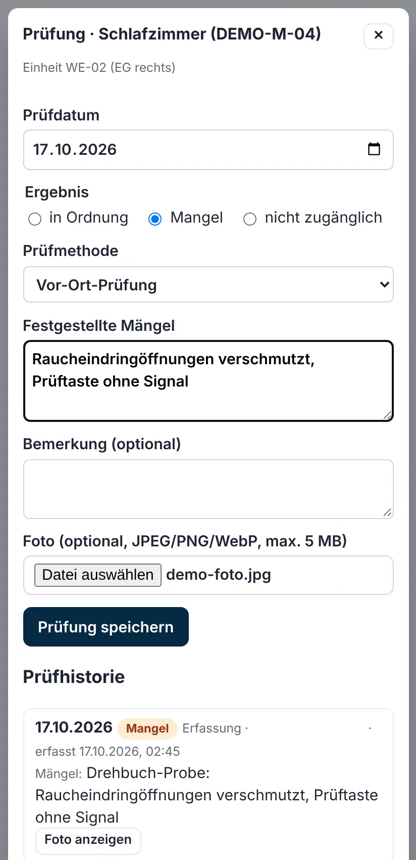Prüfer-Erfassung auf dem Smartphone mit Ergebnis, Mangel und Foto